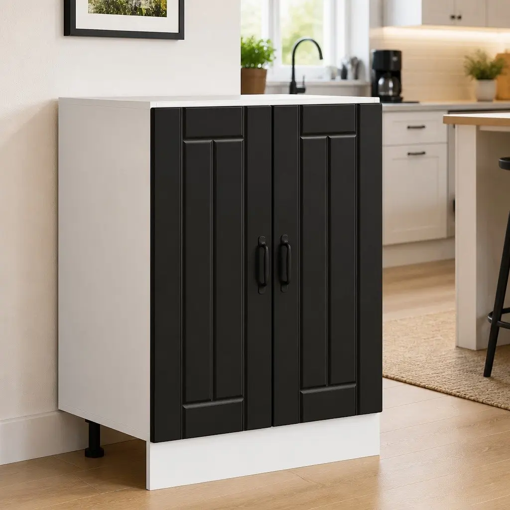 Black Sink Base Cabinet Engineered Wood Kitchen Cupboard with Doors