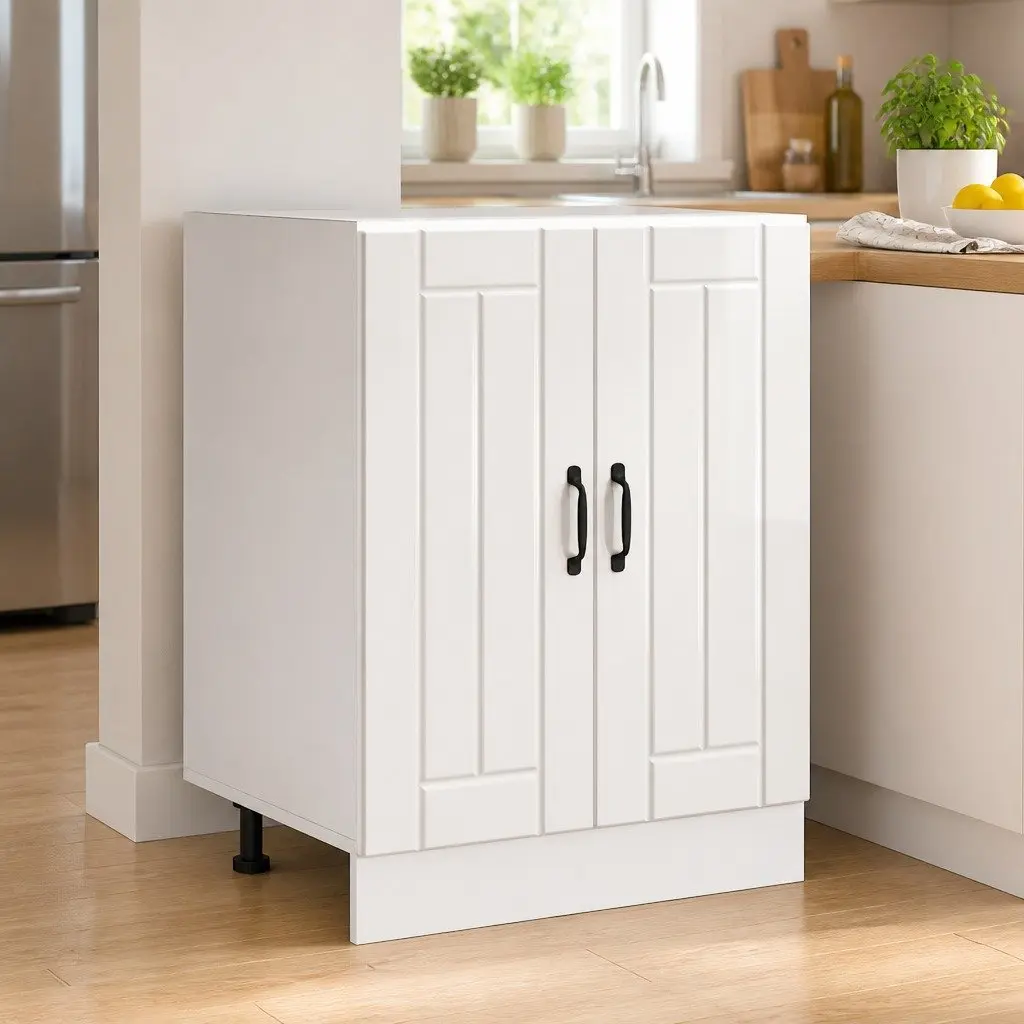 Kitchen Sink Base Cabinet Engineered Wood White High Gloss Storage Cupboard
