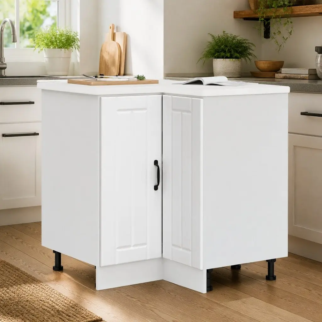 Kitchen Corner Base Cabinet Engineered Wood White Adjustable Feet