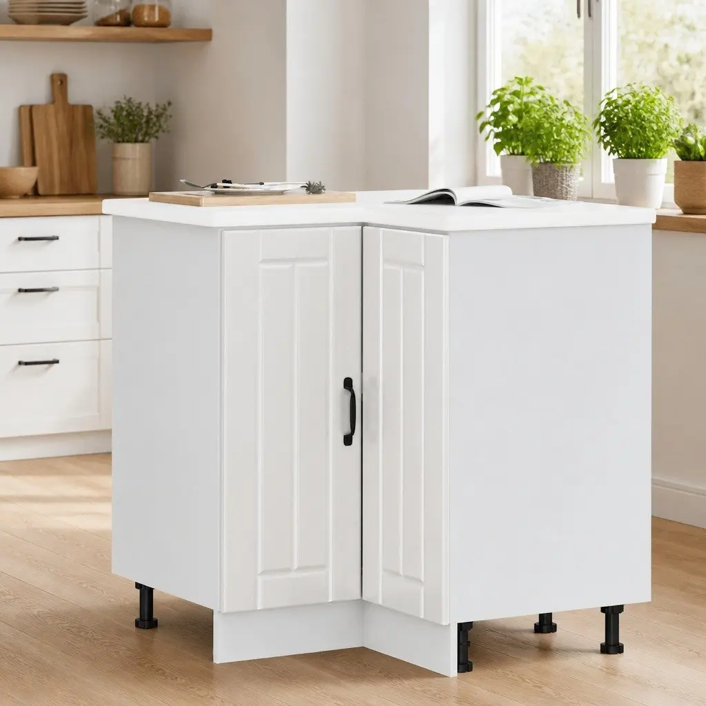 Kitchen Corner Base Cabinet White Engineered Wood Storage Organiser Unit