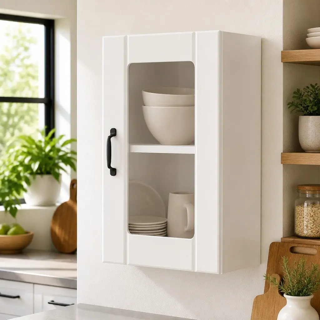 Kitchen Cabinet Engineered Wood Wall-Mounted Storage Cupboard Glass Door White