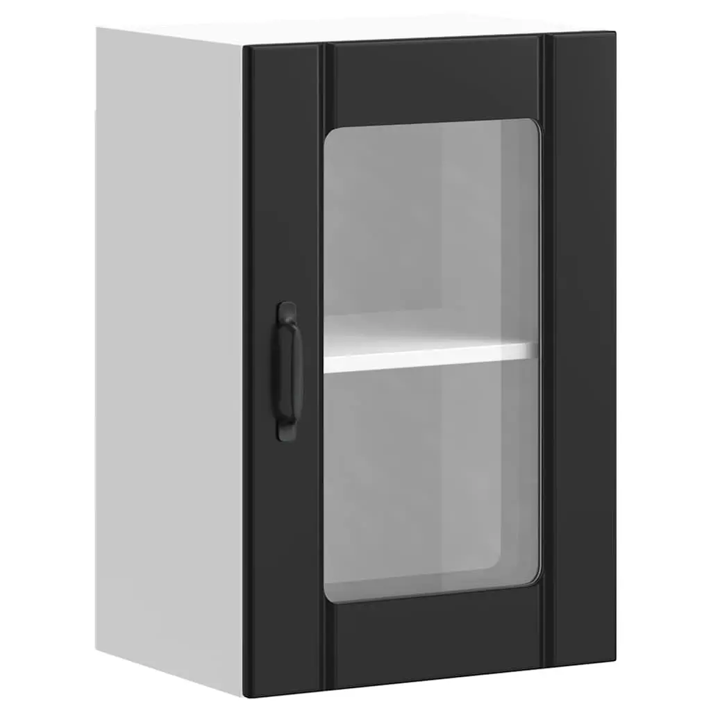 Wall Mounted Kitchen Cabinet Black Engineered Wood Storage with Glass Door