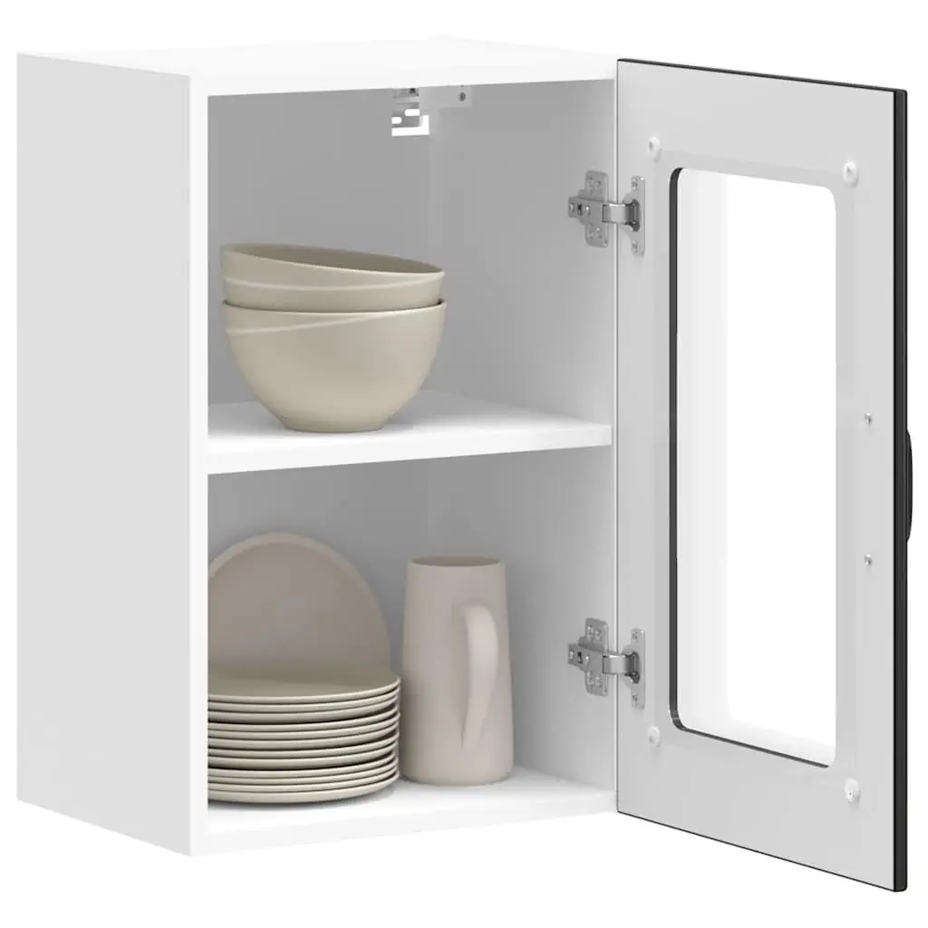 Wall Mounted Kitchen Cabinet Black Engineered Wood Storage with Glass Door