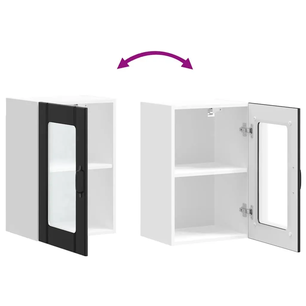 Wall Mounted Kitchen Cabinet Black Engineered Wood Storage with Glass Door