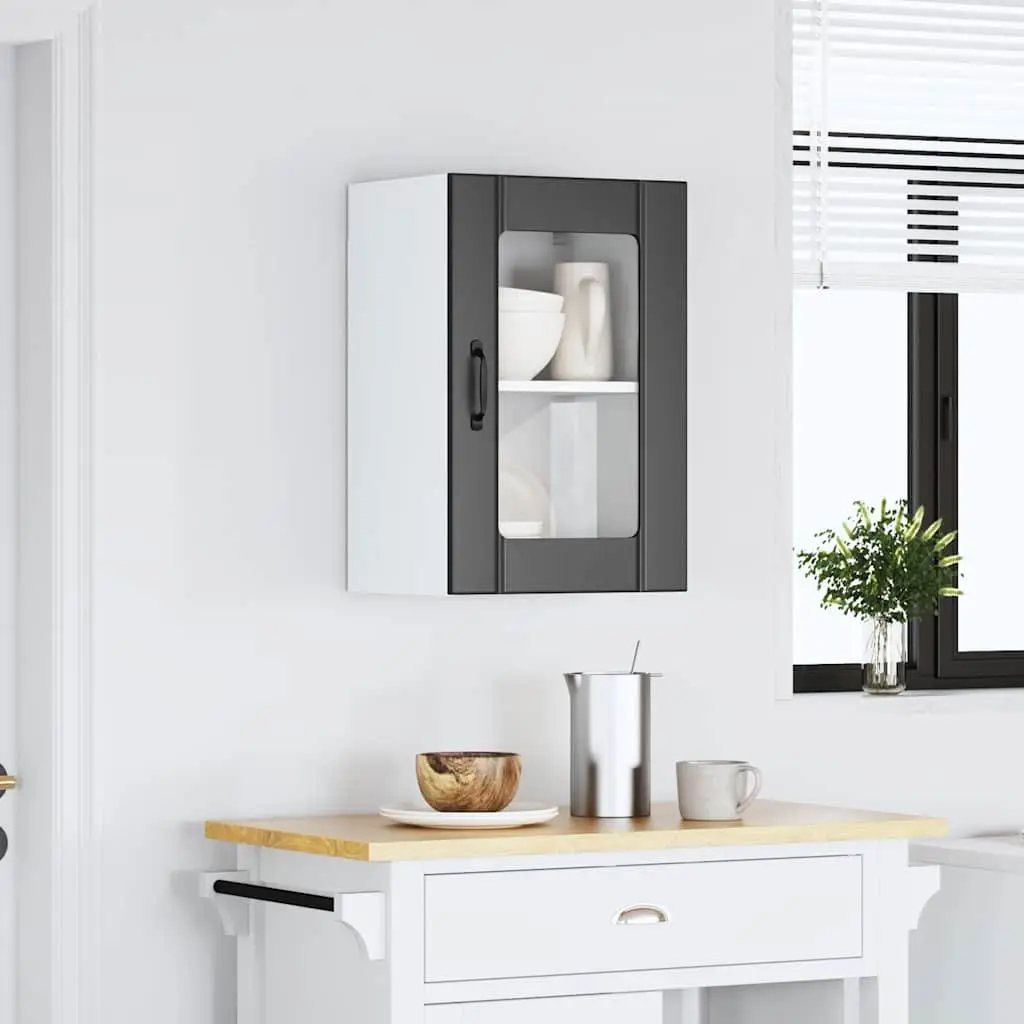Wall Mounted Kitchen Cabinet Black Engineered Wood Storage with Glass Door