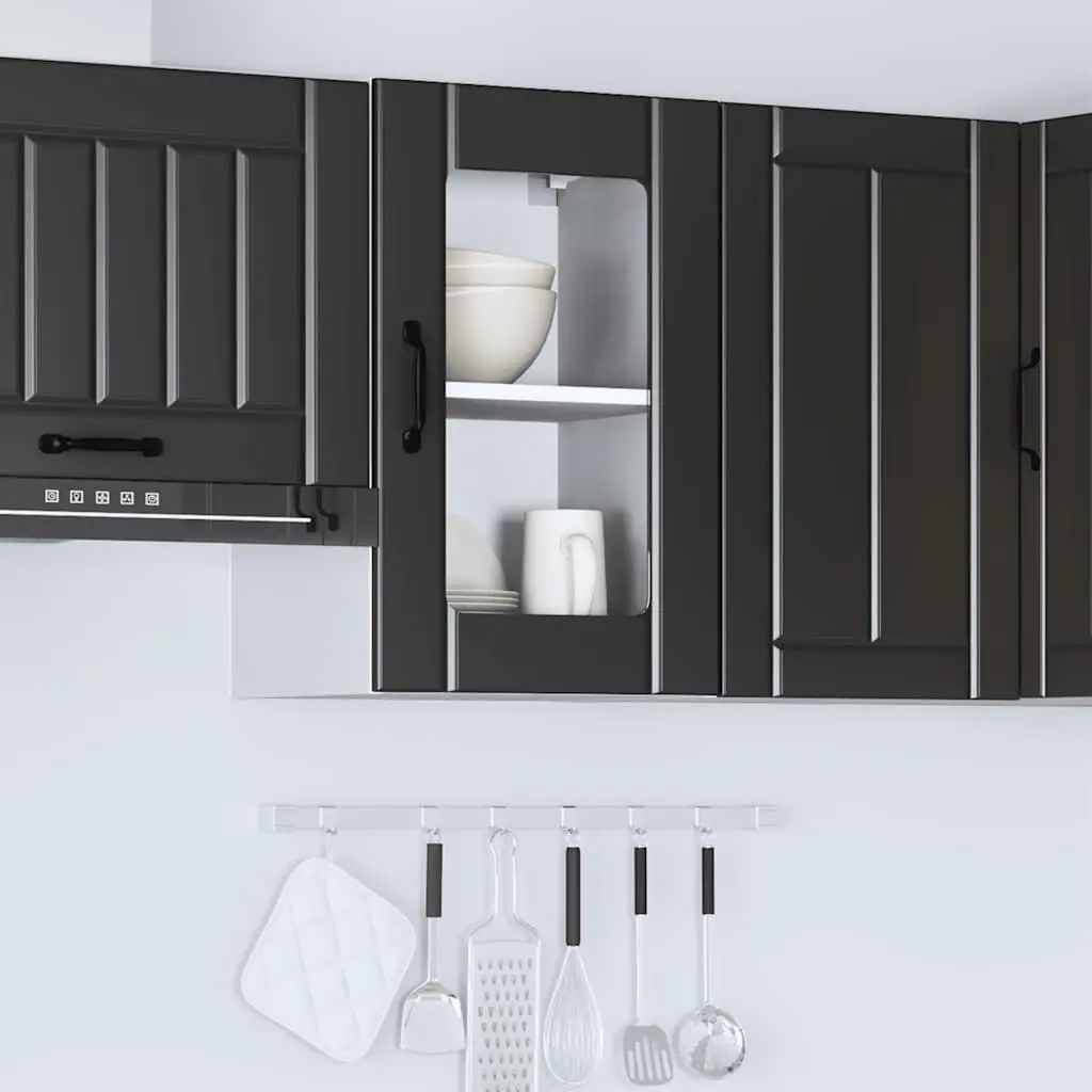 Wall Mounted Kitchen Cabinet Black Engineered Wood Storage with Glass Door