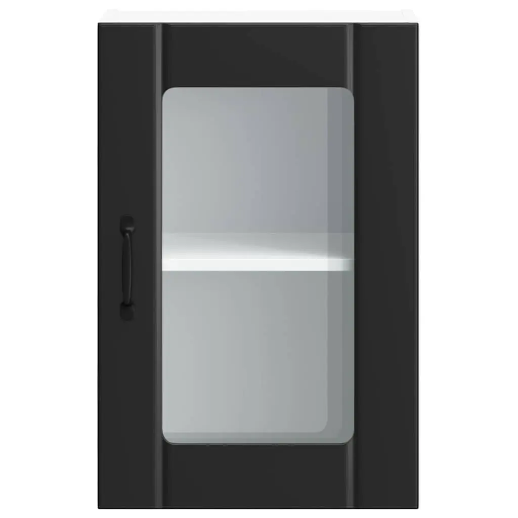 Wall Mounted Kitchen Cabinet Black Engineered Wood Storage with Glass Door