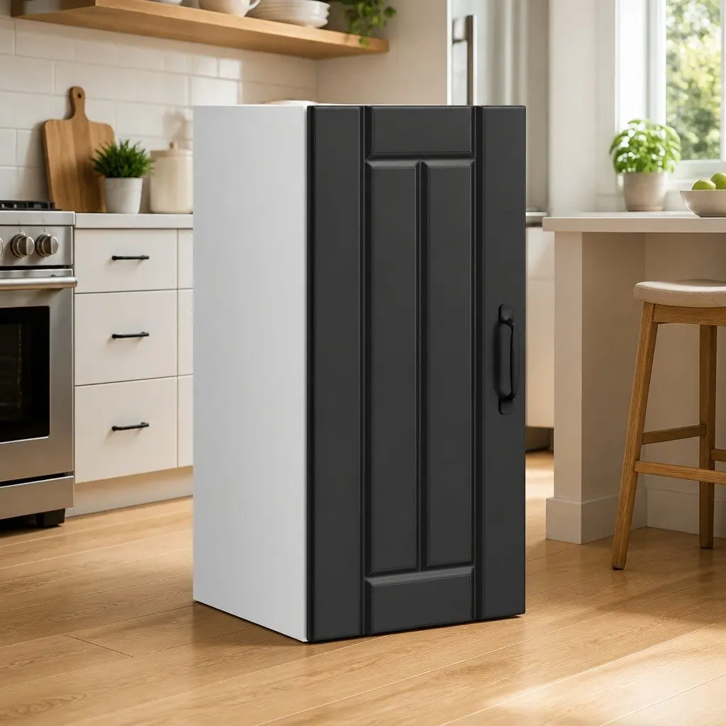 Wall-Mounted Cabinet Black Engineered Wood Storage with Glass Door for Kitchen