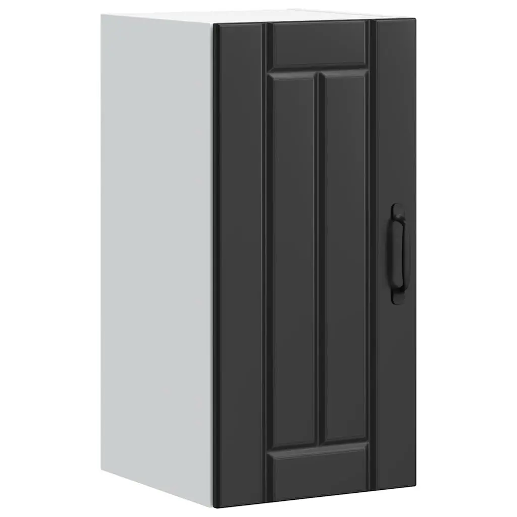 Wall-Mounted Cabinet Black Engineered Wood Storage with Glass Door for Kitchen
