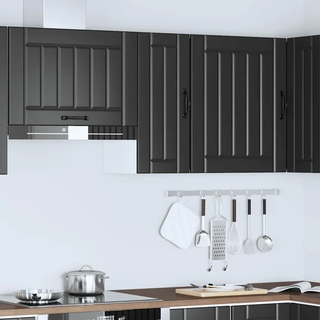 Wall-Mounted Cabinet Black Engineered Wood Storage with Glass Door for Kitchen