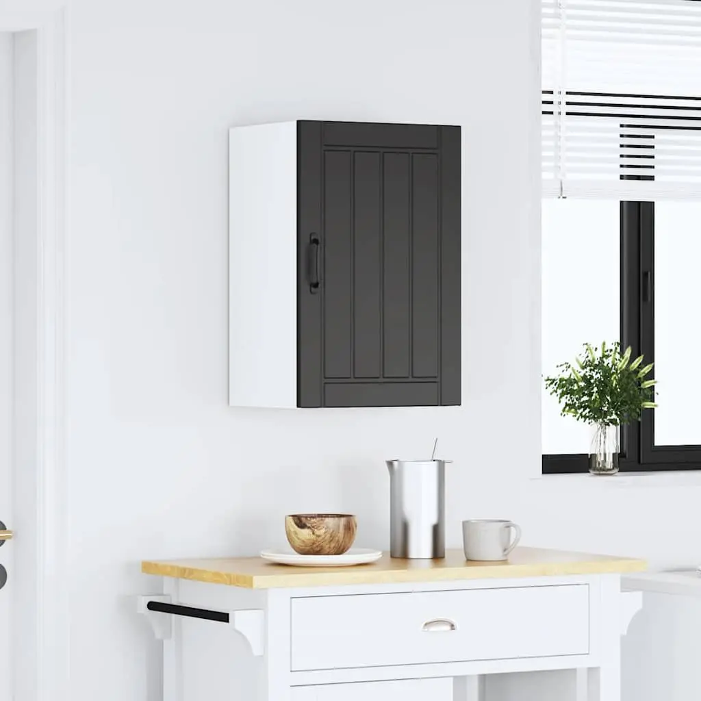 Wall Mounted Kitchen Cabinet Black Engineered Wood with Glass Door Storage Shelves