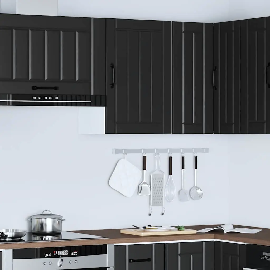 Wall Mounted Kitchen Cabinet Black Engineered Wood with Glass Door Storage Shelves
