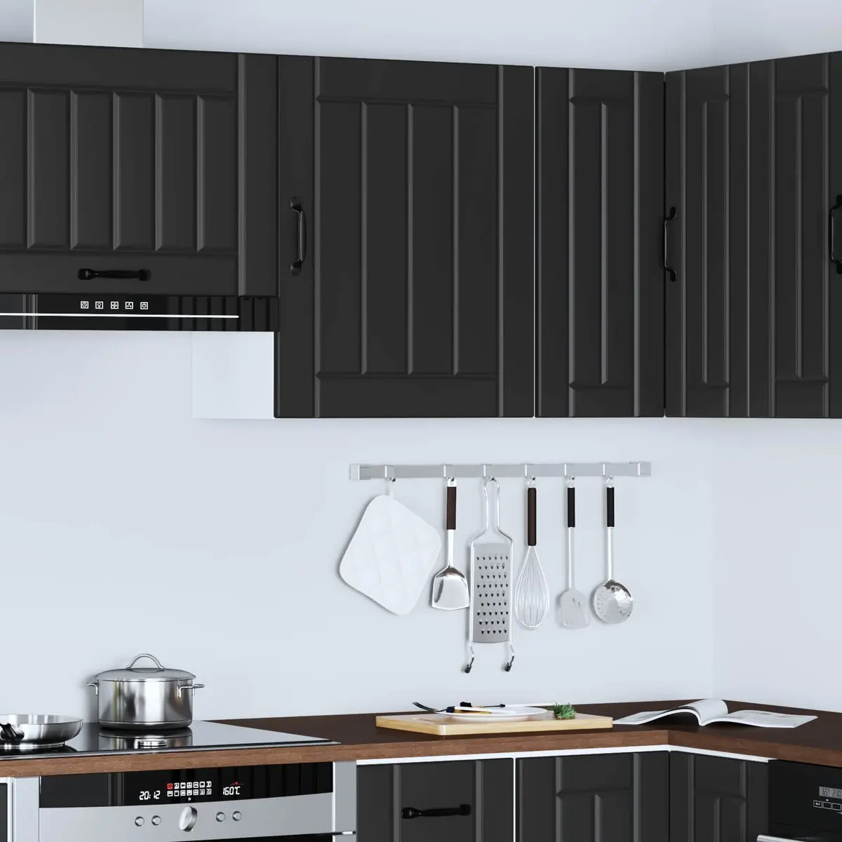 Kitchen Wall Cabinet Black Engineered Wood Glass Door Storage Organiser