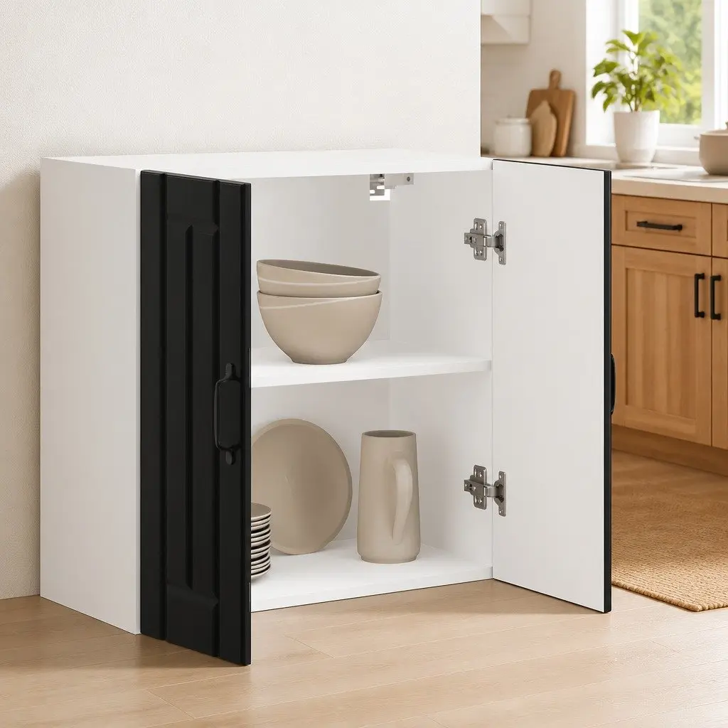 Wall-Mounted Kitchen Cabinet Black Engineered Wood Storage with Glass Door