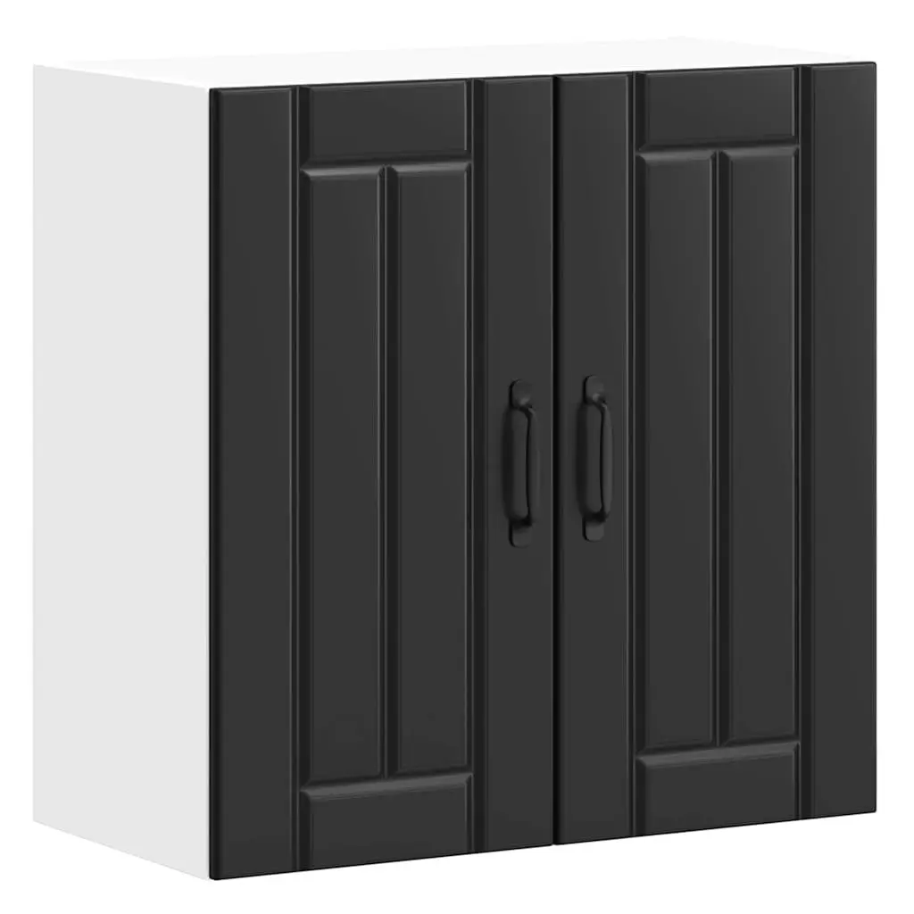 Wall-Mounted Kitchen Cabinet Black Engineered Wood Storage with Glass Door