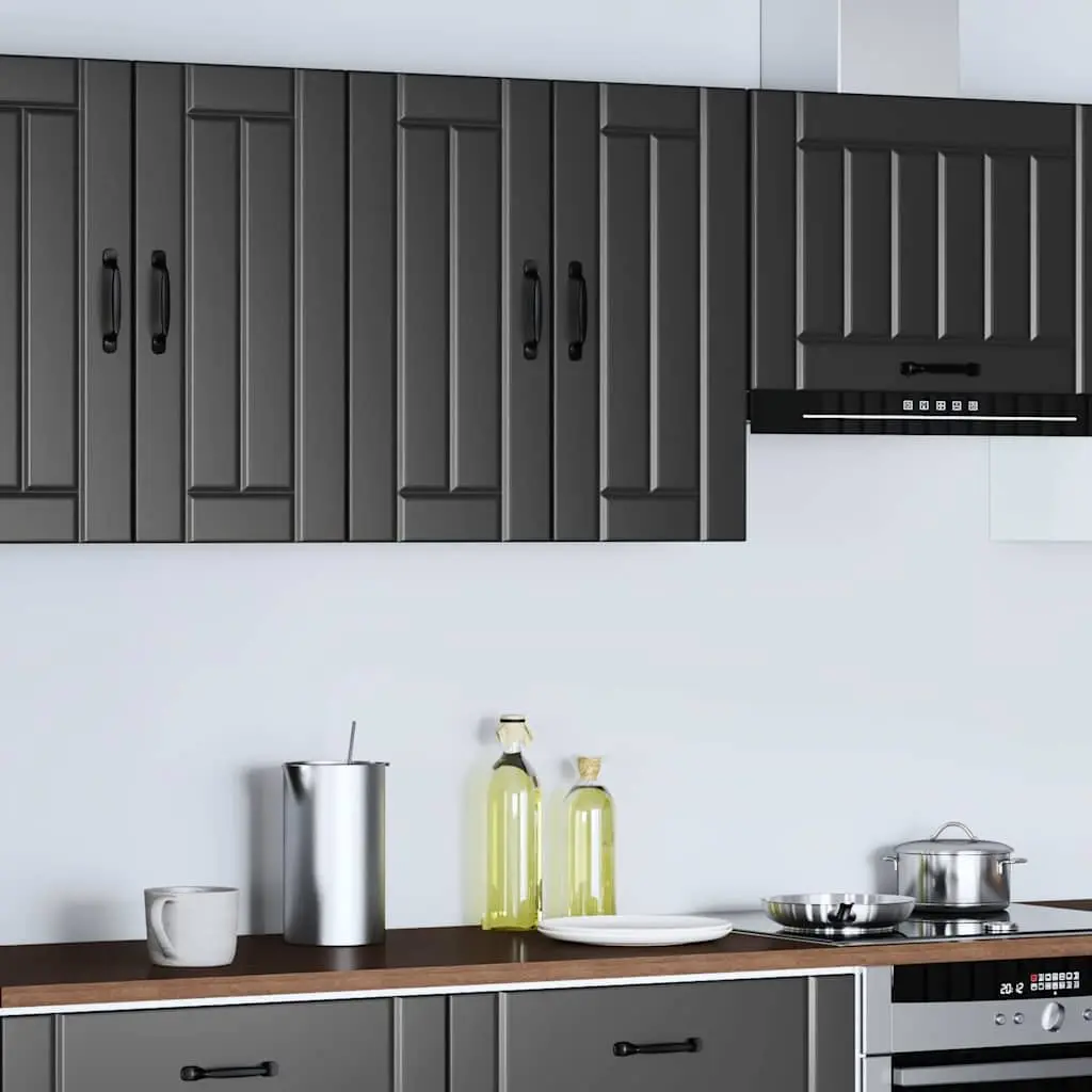 Wall-Mounted Kitchen Cabinet Black Engineered Wood Storage with Glass Door