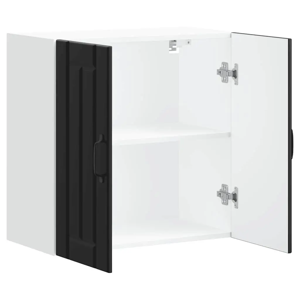 Wall-Mounted Kitchen Cabinet Black Engineered Wood Storage with Glass Door