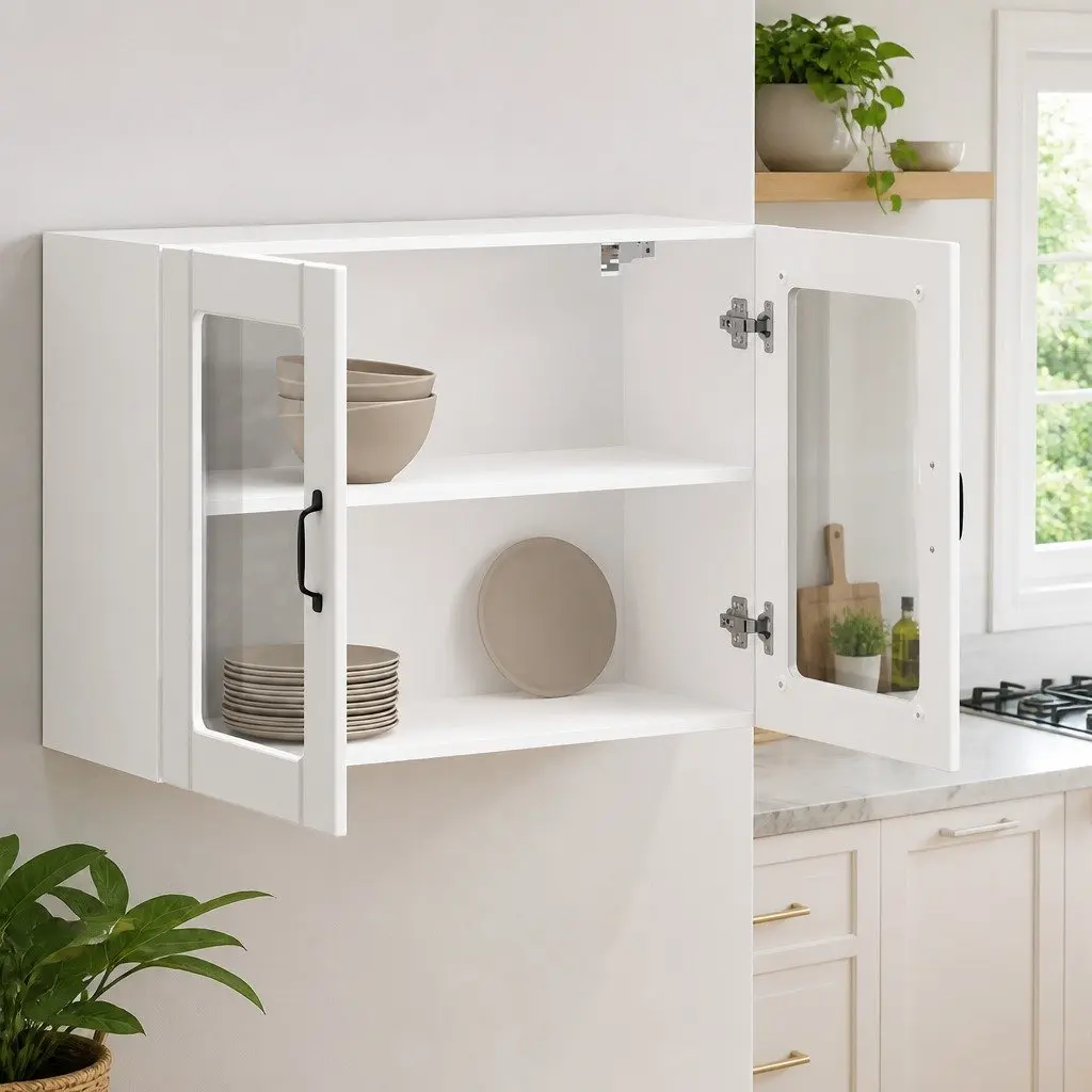 Kitchen Cabinet Engineered Wood Wall-Mounted Glass Door White Storage Organiser