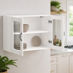 Kitchen Wall Cabinet Glass Door White Engineered Wood Storage Organiser