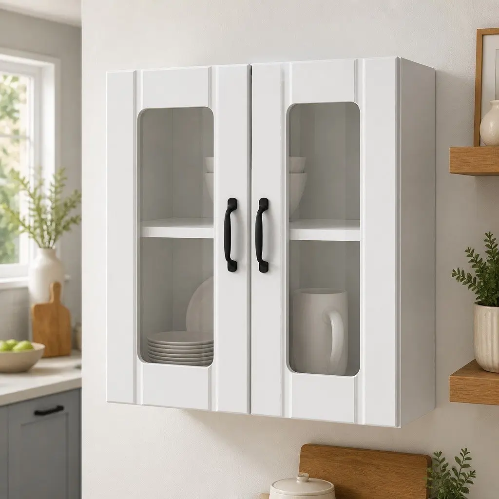 Kitchen Cabinet Engineered Wood Wall-Mounted Storage White Glass Door
