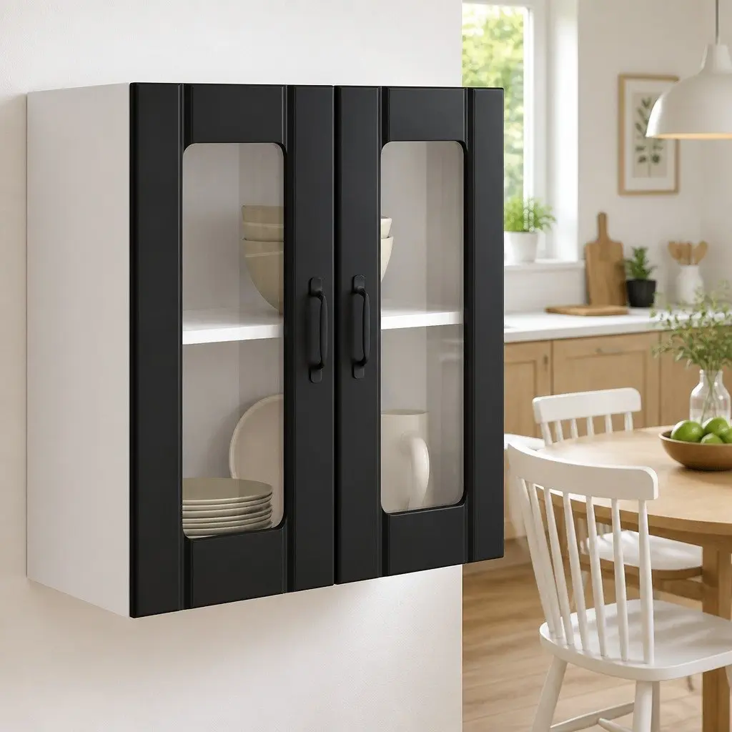 Wall-Mounted Cabinet Black Engineered Wood Kitchen Storage Organiser with Glass Door