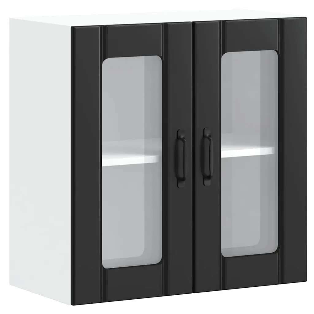Wall-Mounted Cabinet Black Engineered Wood Kitchen Storage Organiser with Glass Door