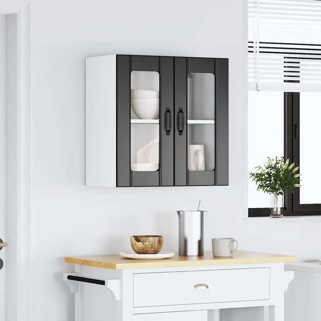 Wall-Mounted Cabinet Black Engineered Wood Kitchen Storage Organiser with Glass Door