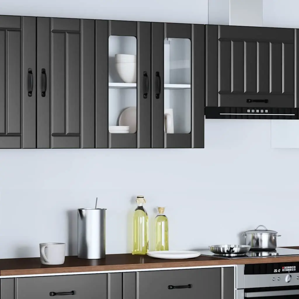 Wall-Mounted Cabinet Black Engineered Wood Kitchen Storage Organiser with Glass Door
