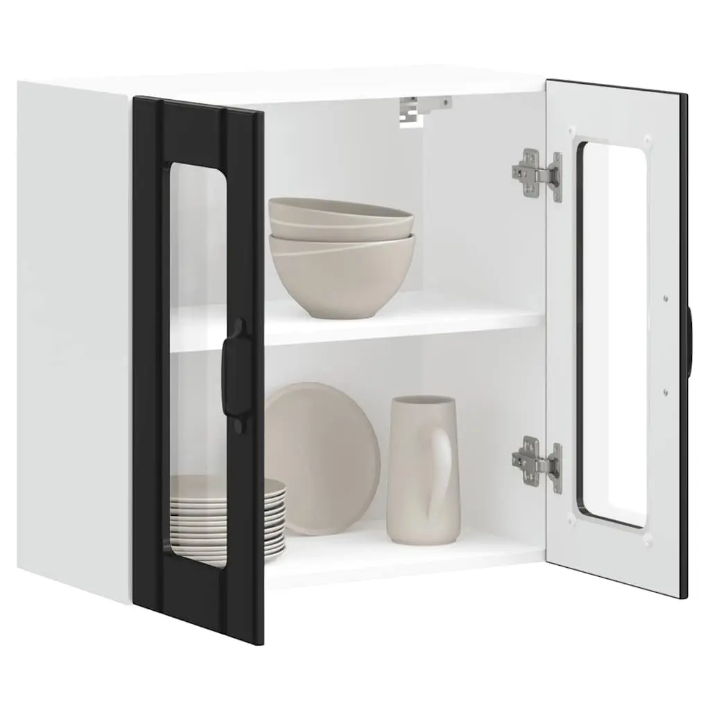 Wall-Mounted Cabinet Black Engineered Wood Kitchen Storage Organiser with Glass Door