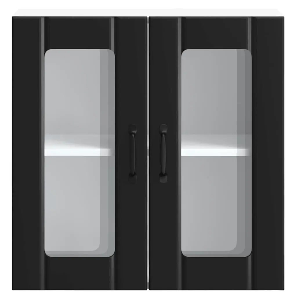 Wall-Mounted Cabinet Black Engineered Wood Kitchen Storage Organiser with Glass Door