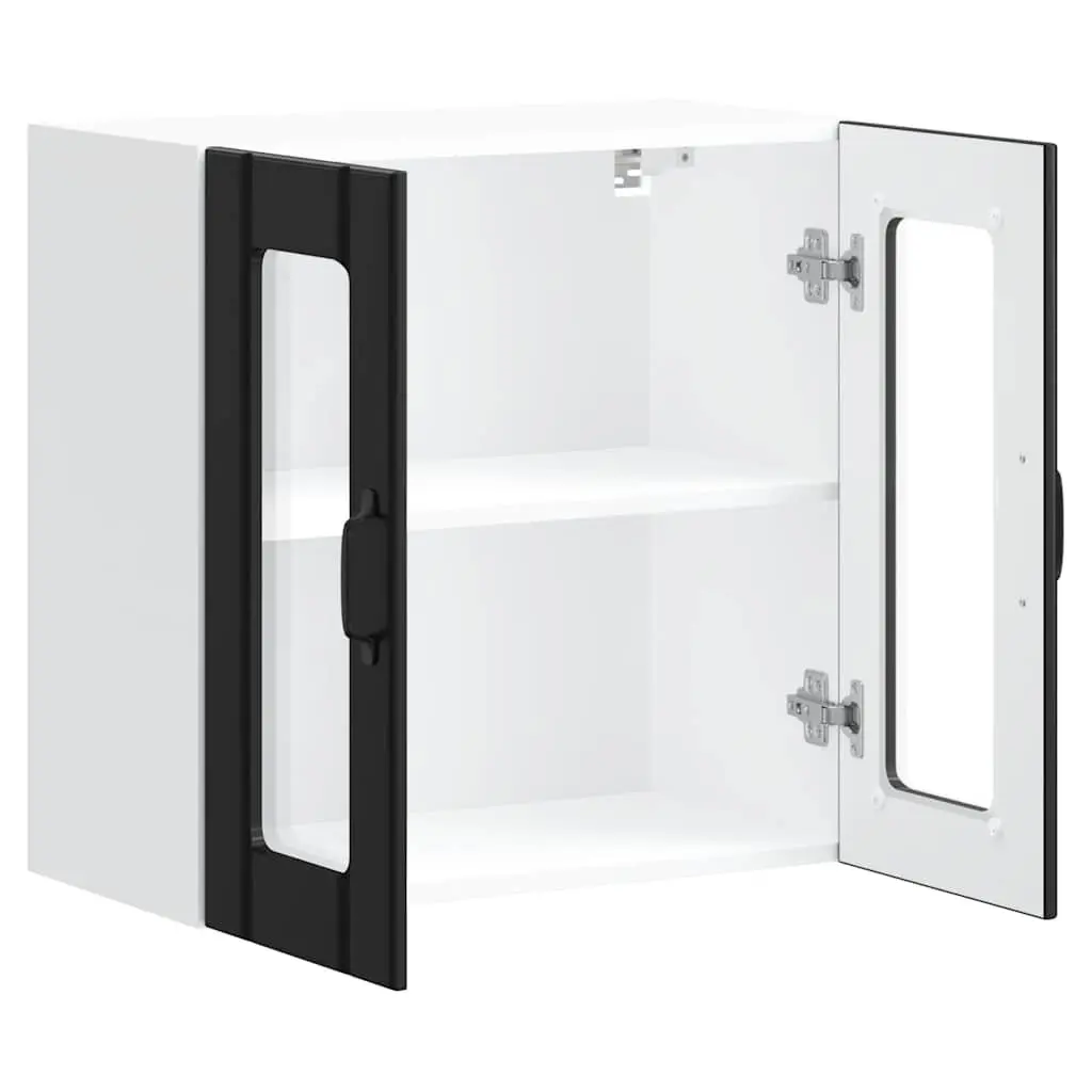 Wall-Mounted Cabinet Black Engineered Wood Kitchen Storage Organiser with Glass Door