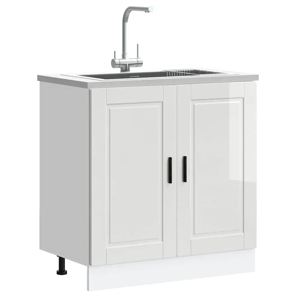 Kitchen Cabinet Sink Base Storage Engineered Wood White High Gloss 80x46x81.5cm Adjustable Feet Concealed Doors
