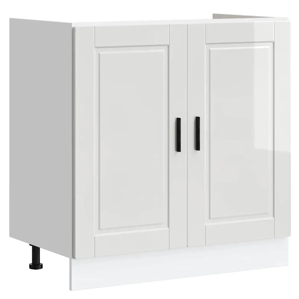 Kitchen Cabinet Sink Base Storage Engineered Wood White High Gloss 80x46x81.5cm Adjustable Feet Concealed Doors