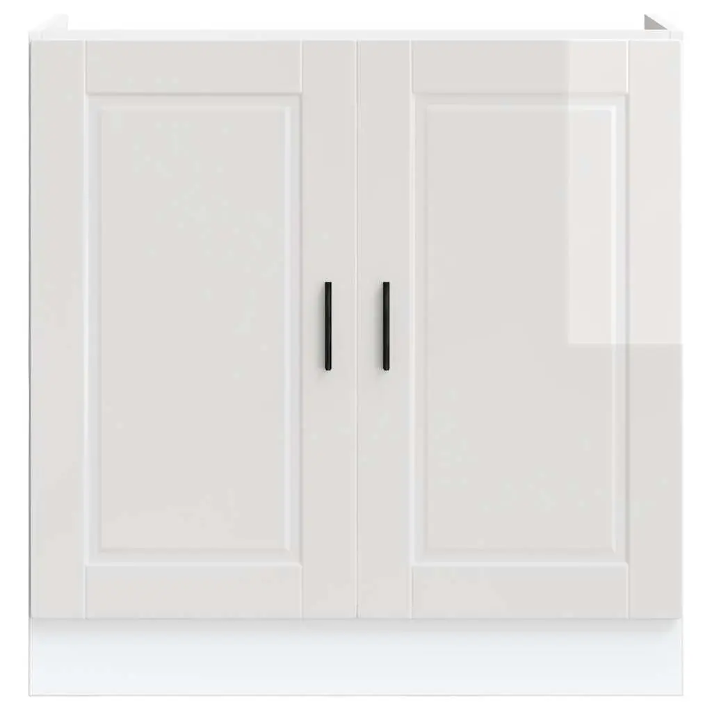 Kitchen Cabinet Sink Base Storage Engineered Wood White High Gloss 80x46x81.5cm Adjustable Feet Concealed Doors