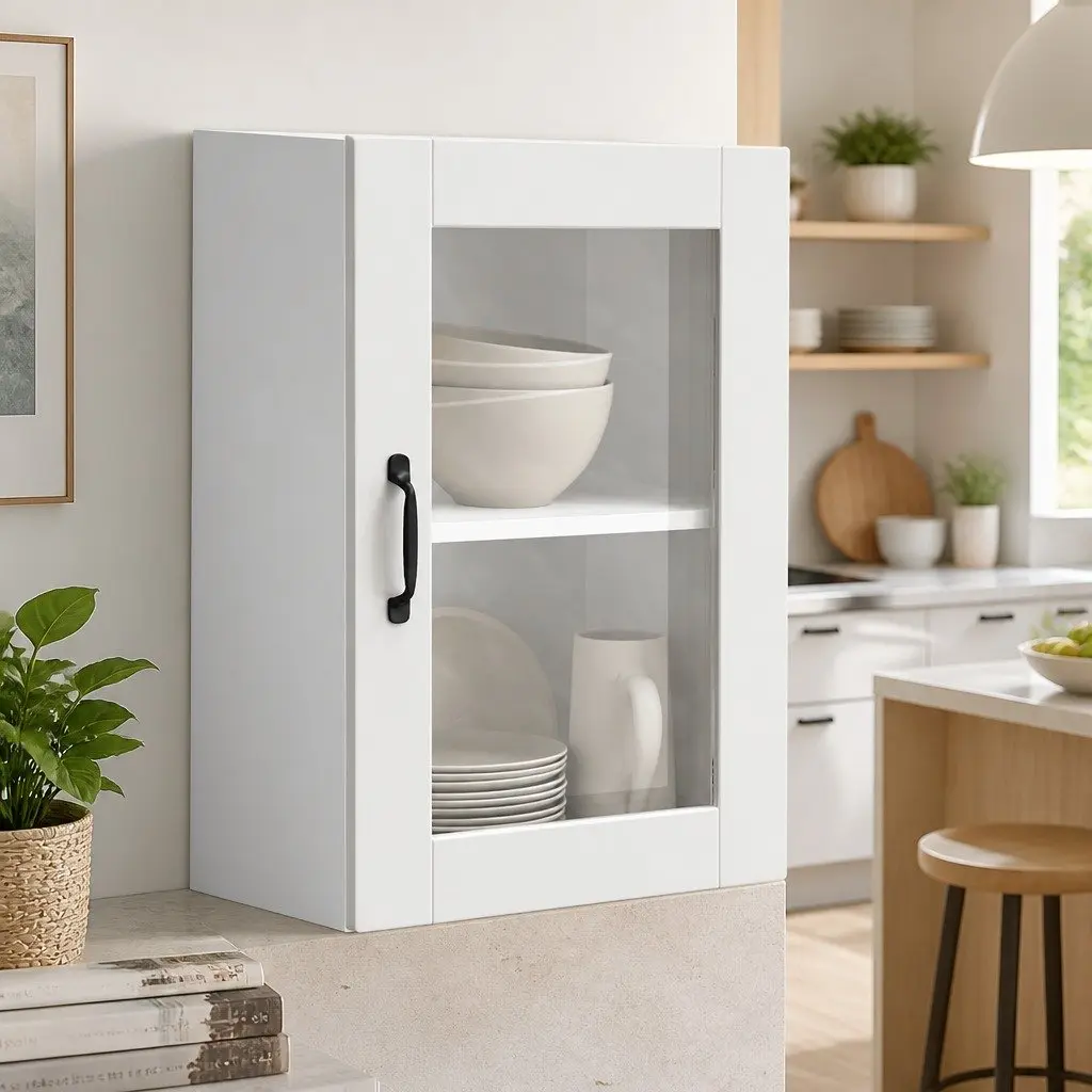 Kitchen Cabinet Engineered Wood Wall-Mounted Glass Door White Storage Unit