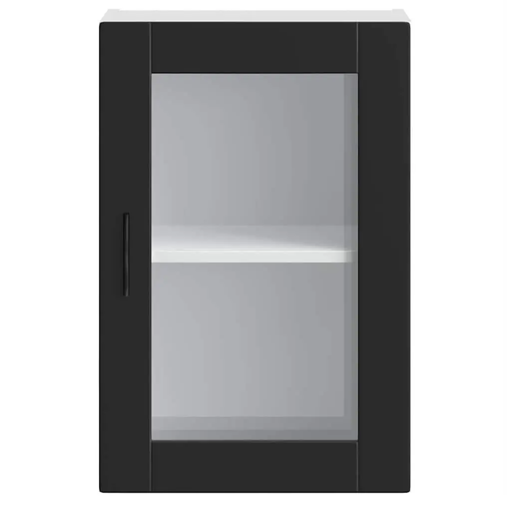 Wall Mounted Black Storage Cabinet Engineered Wood Glass Door Kitchen Fixture