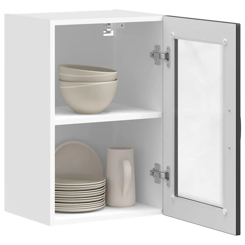 Wall Mounted Black Storage Cabinet Engineered Wood Glass Door Kitchen Fixture