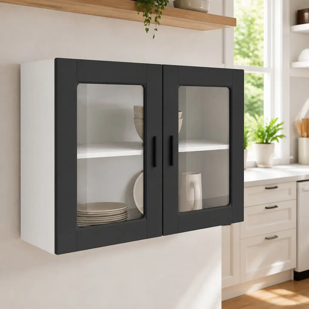 Wall-Mounted Kitchen Cabinet Organizer Engineered Wood Black Glass Door Storage Unit