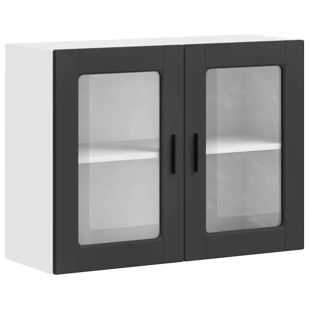 Wall-Mounted Kitchen Cabinet Organizer Engineered Wood Black Glass Door Storage Unit