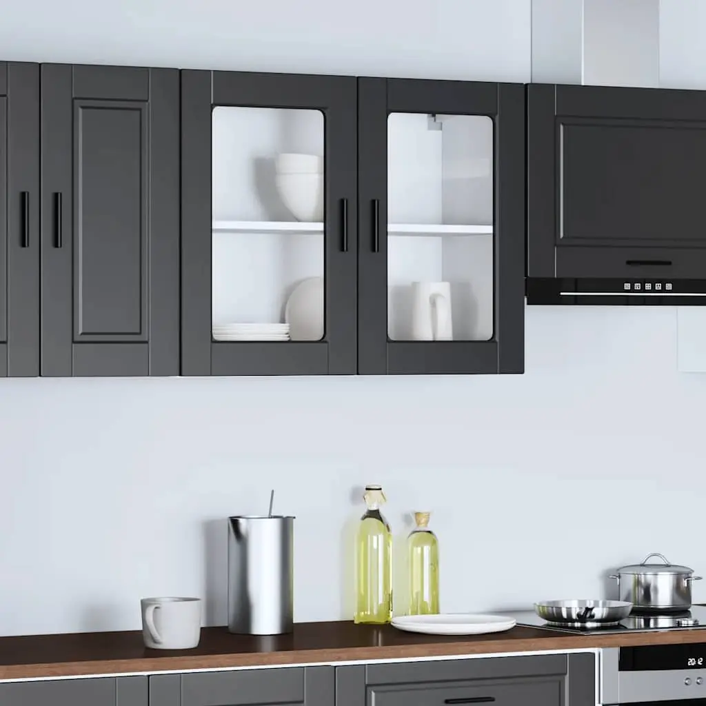 Wall-Mounted Kitchen Cabinet Organizer Engineered Wood Black Glass Door Storage Unit