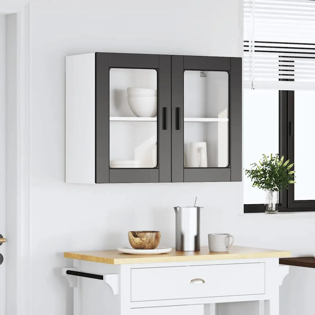 Wall-Mounted Kitchen Cabinet Organizer Engineered Wood Black Glass Door Storage Unit