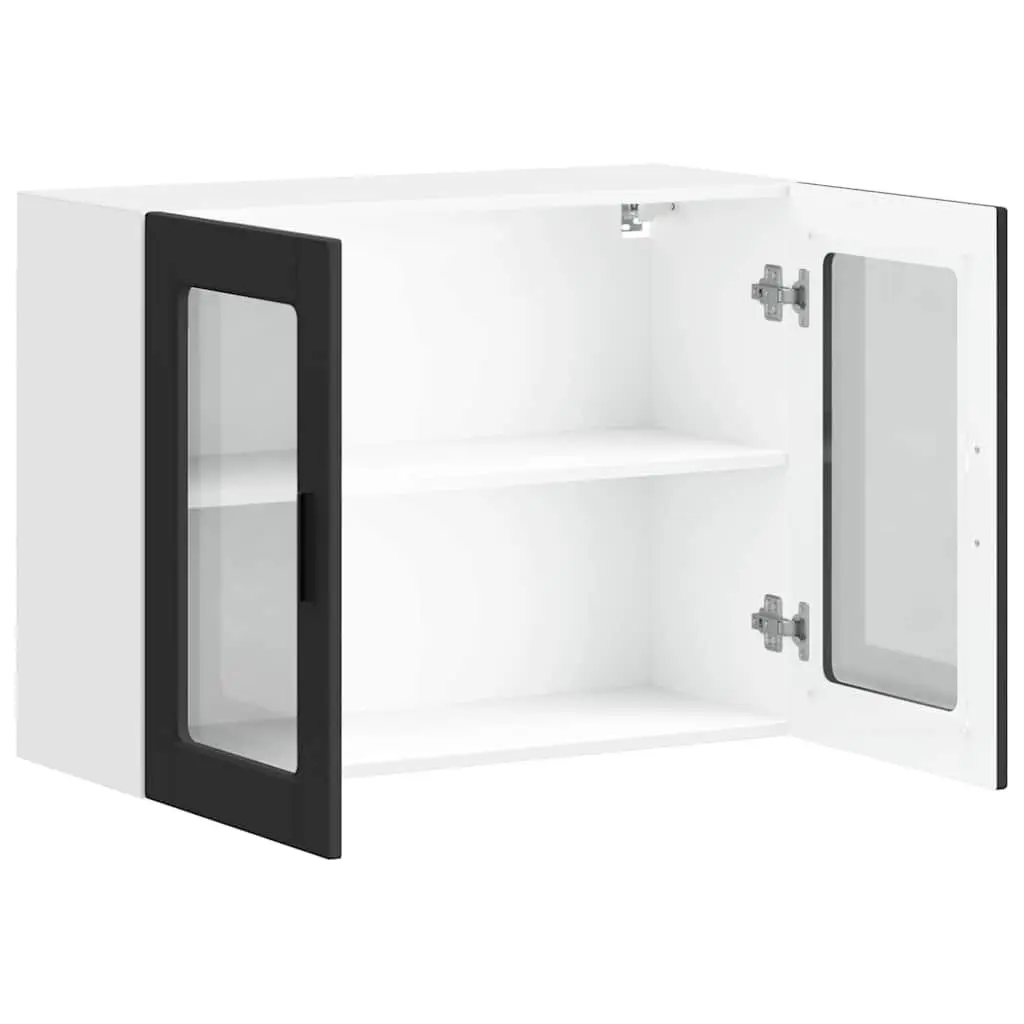 Wall-Mounted Kitchen Cabinet Organizer Engineered Wood Black Glass Door Storage Unit