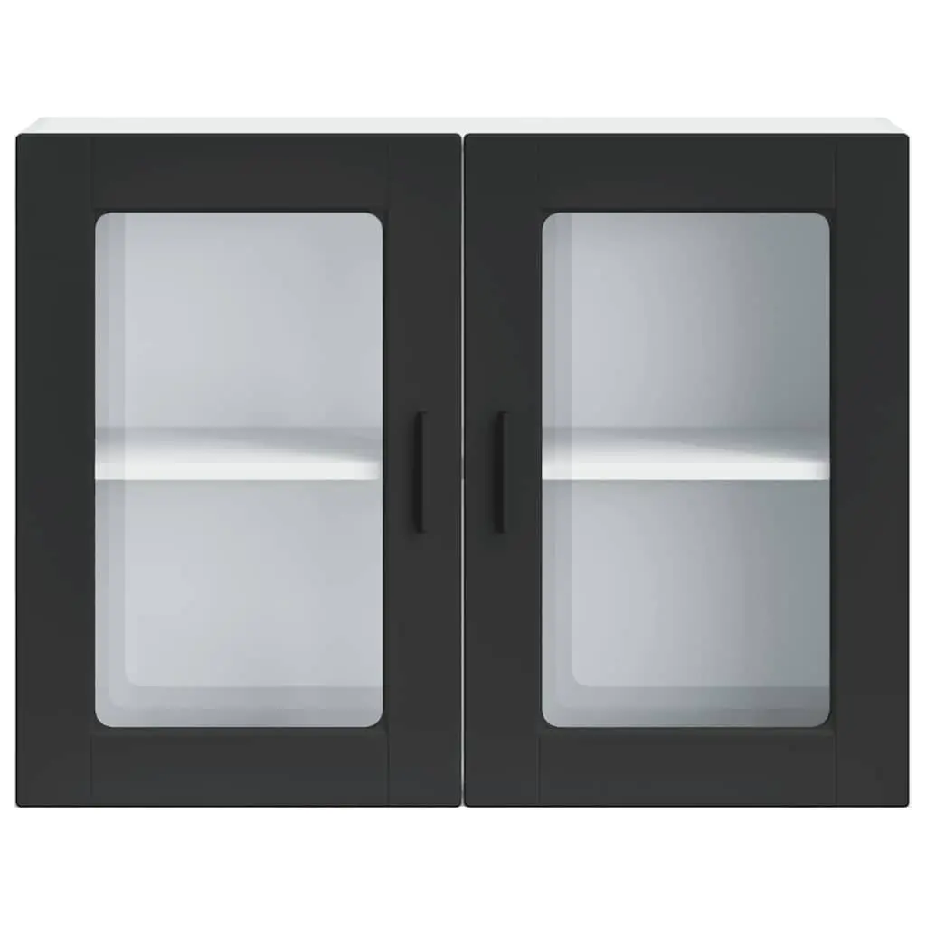 Wall-Mounted Kitchen Cabinet Organizer Engineered Wood Black Glass Door Storage Unit