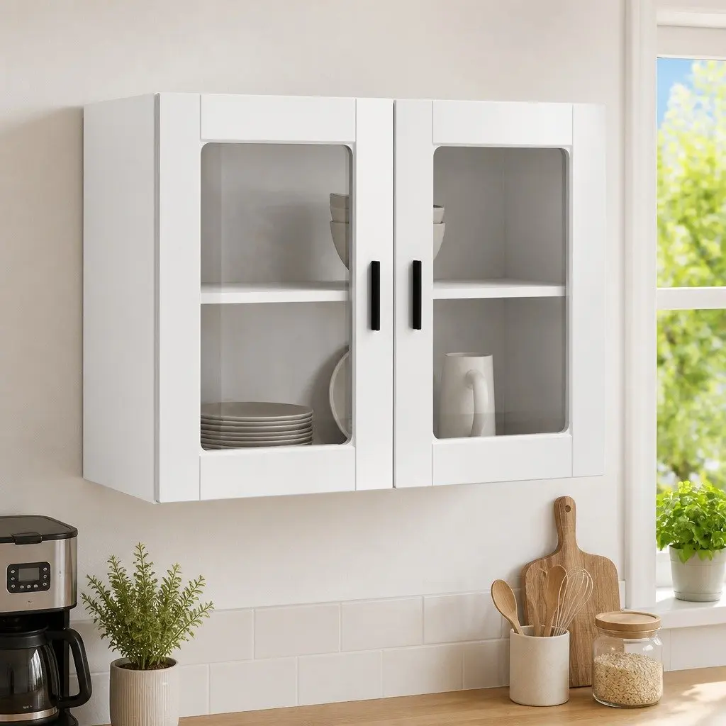 Wall-Mounted Cabinet Engineered Wood White High Gloss Glass Door Kitchen Storage Unit