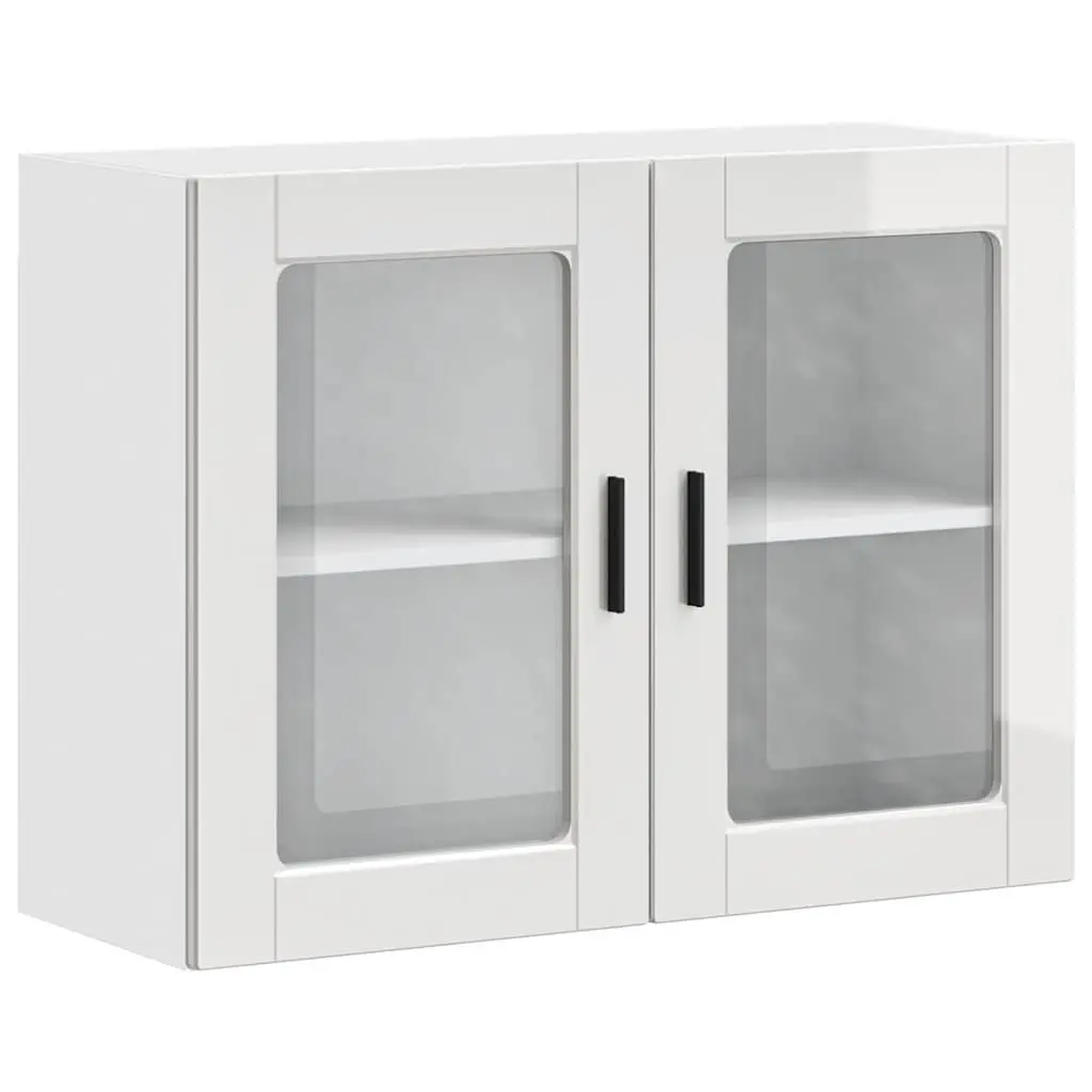 Wall-Mounted Cabinet Engineered Wood White High Gloss Glass Door Kitchen Storage Unit