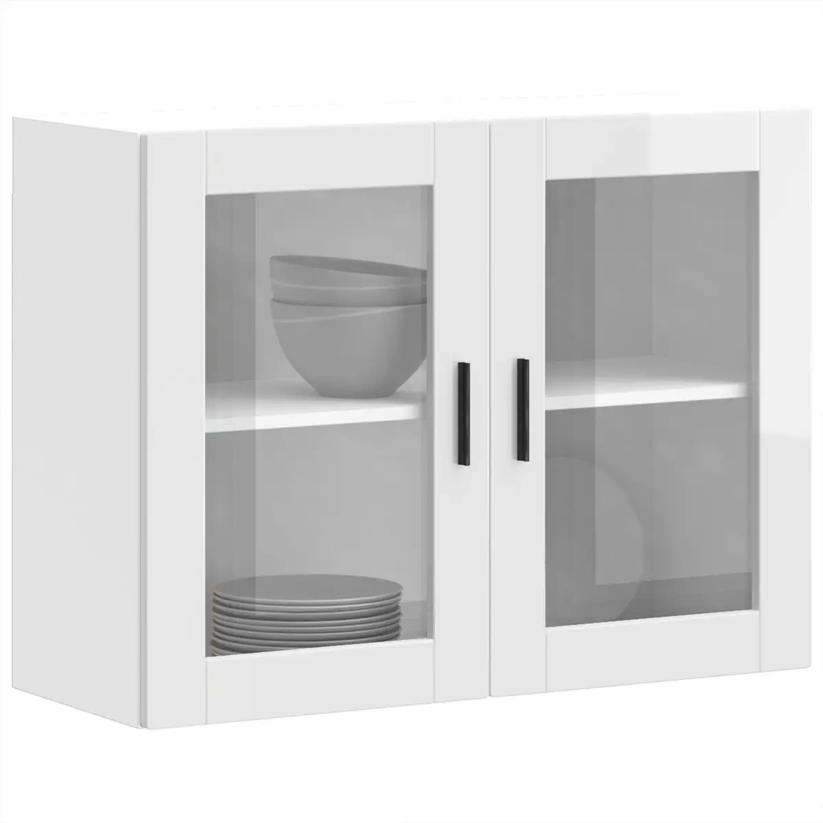 Wall-Mounted Cabinet Engineered Wood White High Gloss Glass Door Kitchen Storage Unit