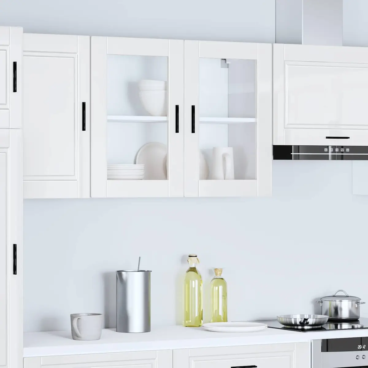 Wall-Mounted Cabinet Engineered Wood White High Gloss Glass Door Kitchen Storage Unit