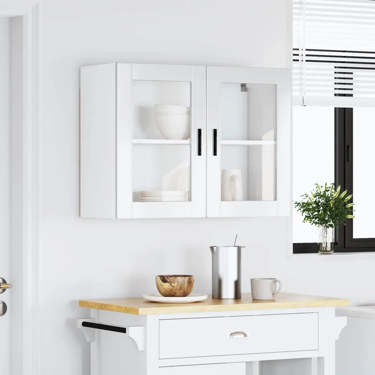 Wall-Mounted Cabinet Engineered Wood White High Gloss Glass Door Kitchen Storage Unit