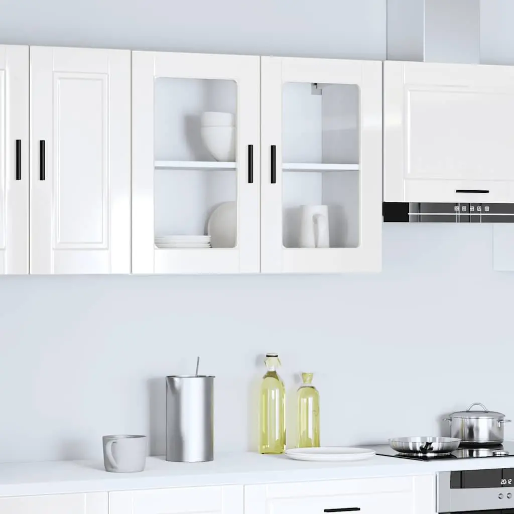 Wall-Mounted Cabinet Engineered Wood White High Gloss Glass Door Kitchen Storage Unit