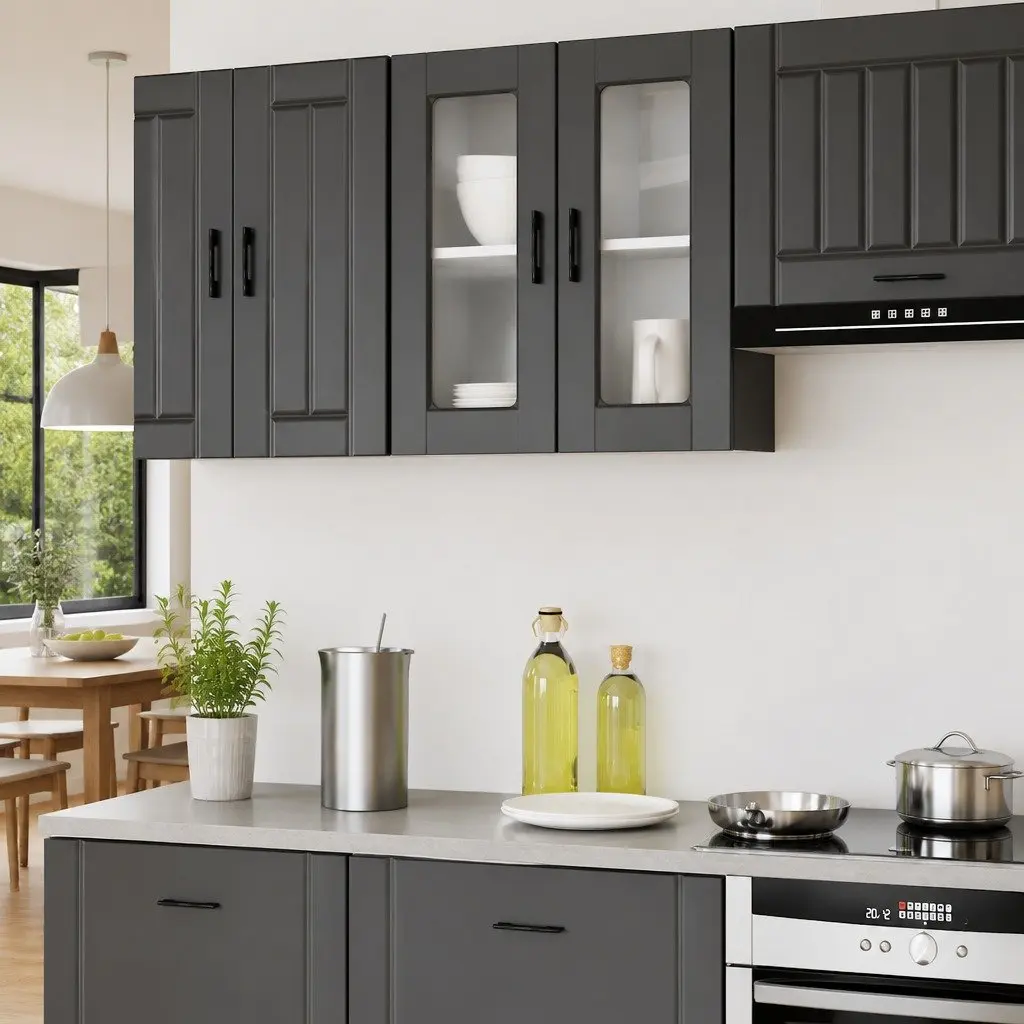 Wall-Mounted Kitchen Cabinet Black Glass Door Storage Unit Engineered Wood